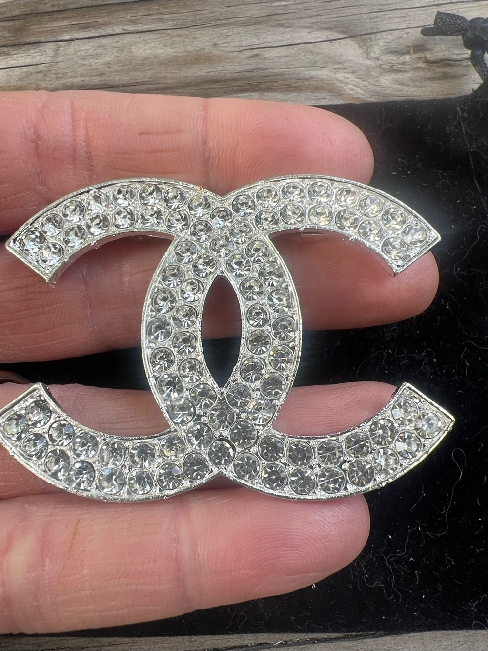 CHANEL Silver Crystal Double C Brooch